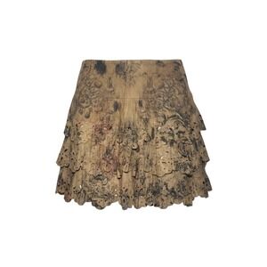 Tiered Mini Skirt L Brown Distressed Floral Laser Cut Eyelet Ruffle